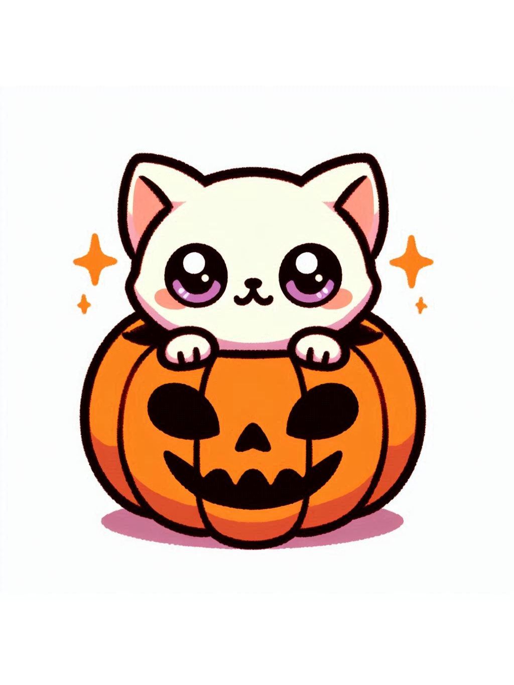 halloween cute animals drawings, featuring a cute kitten peeking out of a carved pumpkin.
